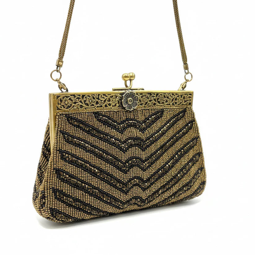 Bolso de fiesta vintage dorado y negro | Clutch elegante con cadena | FAHOMA