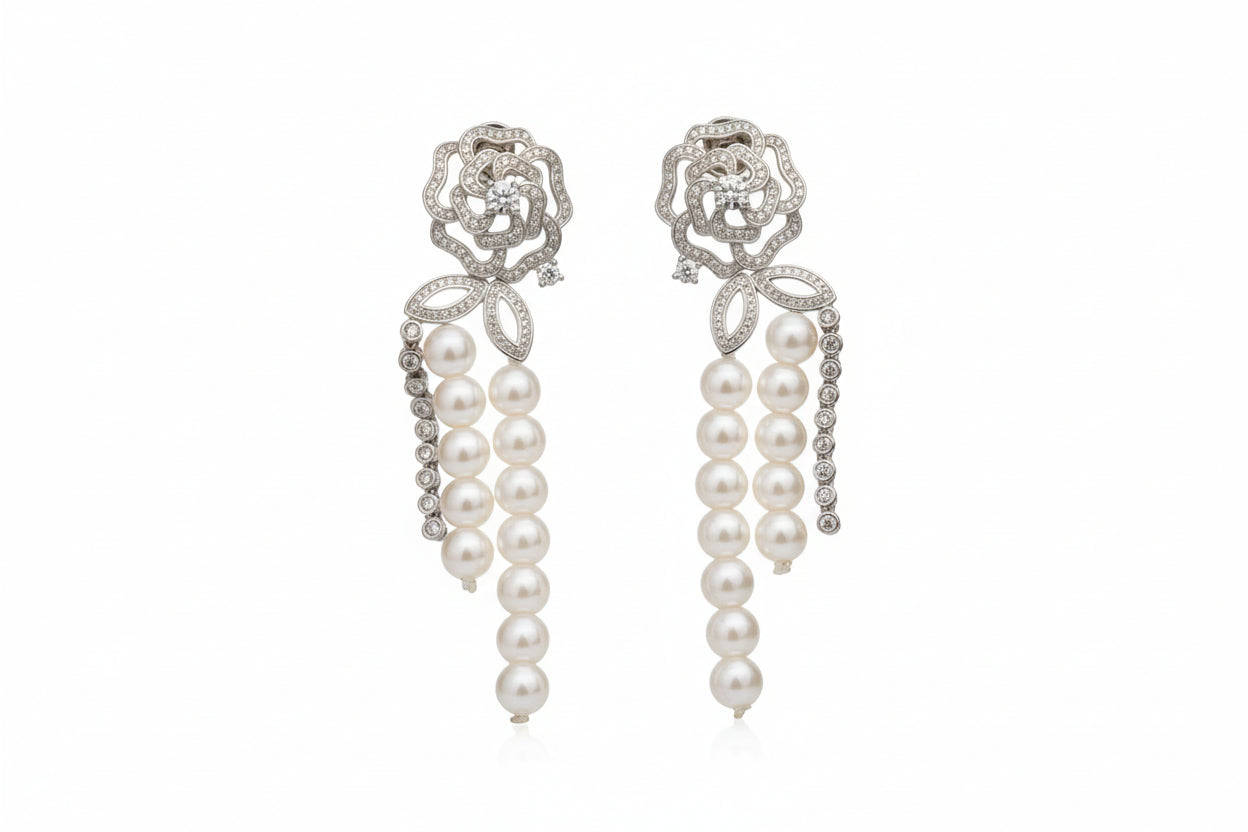 Pendientes largos de plata 925 con perla natural y circonitas – Diseño floral 6 cm