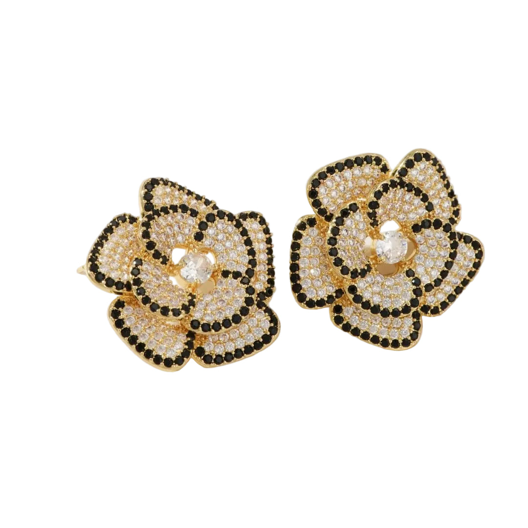 Pendientes cortos: flores de circonita dorada y negra
