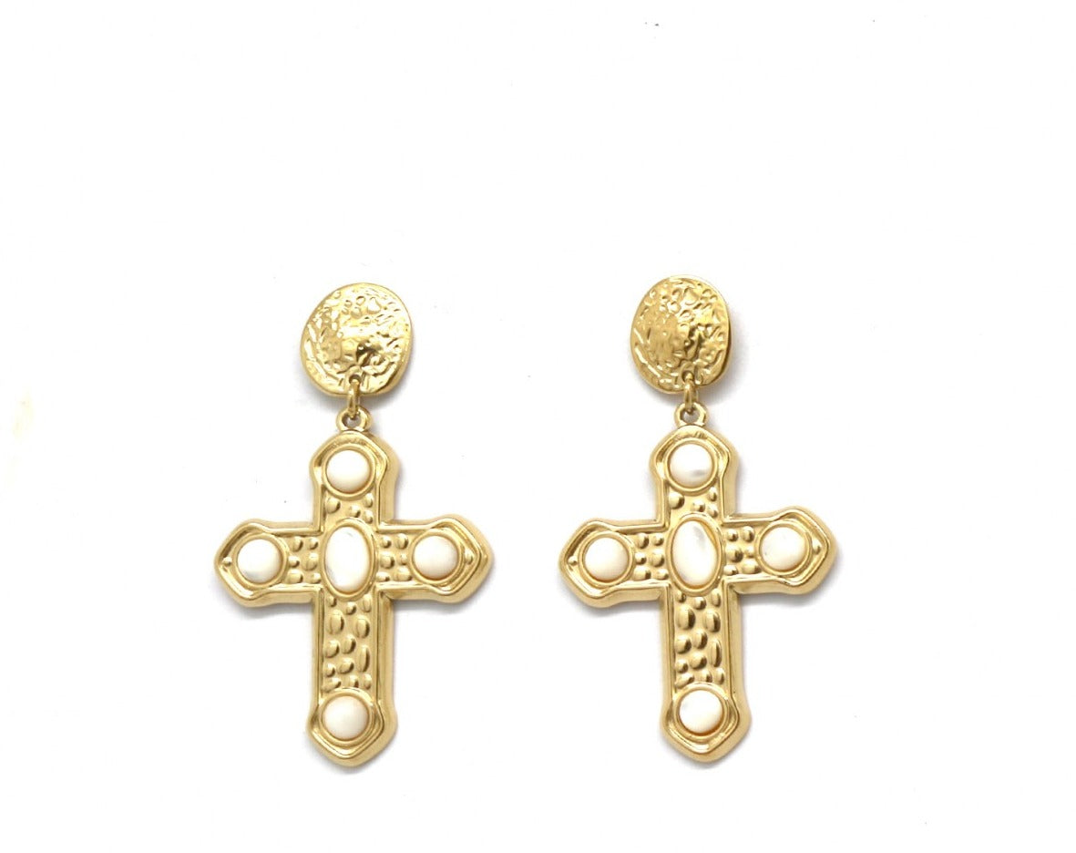 Pendientes cruz dorada y piezas nacaradas