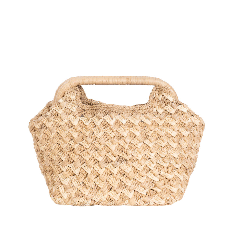 Bolso de mano de rafia tejida a crochet color tostado y natural