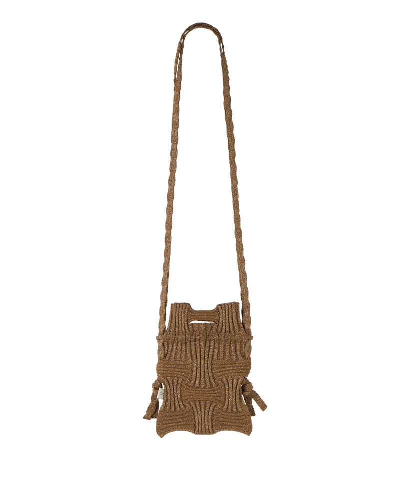Bolso bandolera de punto lúrex color glitter camel
