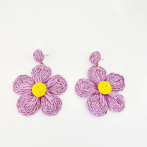 Pendientes flor de rafia violeta y amarillo