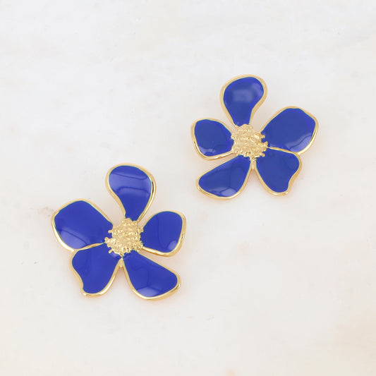 Pendientes cortos flor  esmalte negro y oro