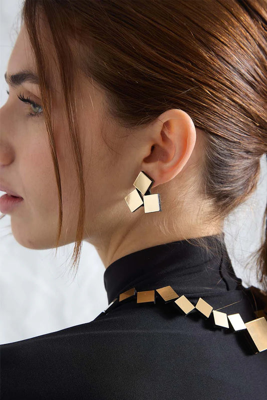 Pendientes 3 Cuadrados resina - Oro efecto espejo