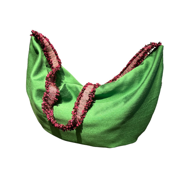 Bolso bandolera italiano de seda salvaje verde y asa tejida