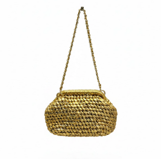 Bolso artesanal trenzado dorado amarillo con cadena dorada | FAHOMA