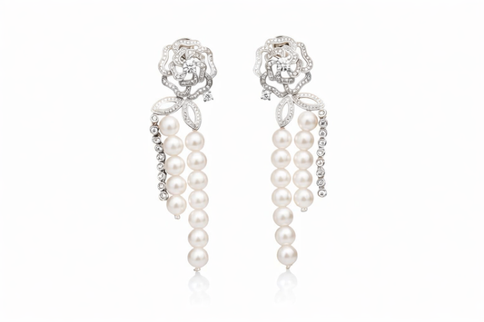 Pendientes largos de plata 925 con perla natural y circonitas – Diseño floral 6 cm