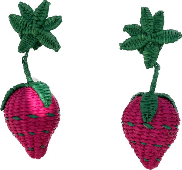 Pendientes: fresas  fucsias de rafia