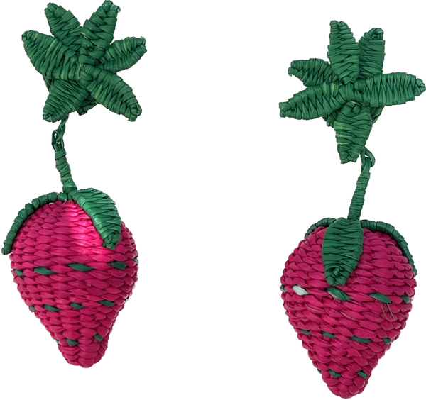 Pendientes: fresas  fucsias de rafia