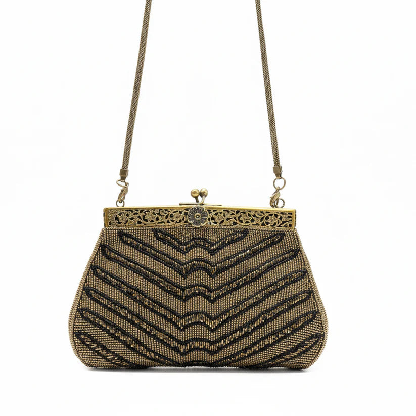 Bolso de fiesta vintage dorado y negro | Clutch elegante con cadena | FAHOMA