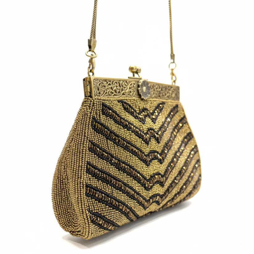Bolso de fiesta vintage dorado y negro | Clutch elegante con cadena | FAHOMA