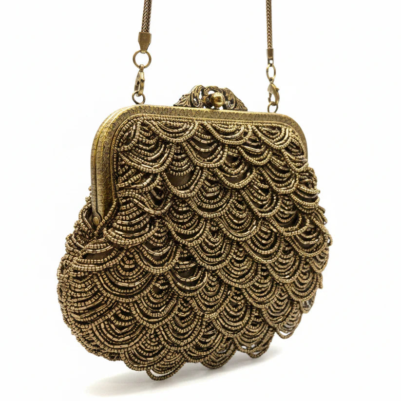 Bolso  de fiesta estética vintage con mostacillas doradas
