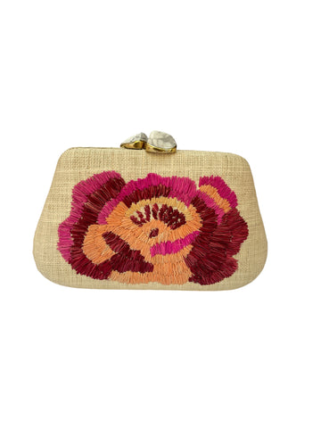 Clutch artesanal buntal bordado en tonos rosados