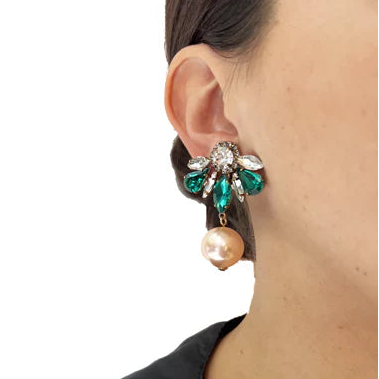 Pendientes de cristal verde y perla beige