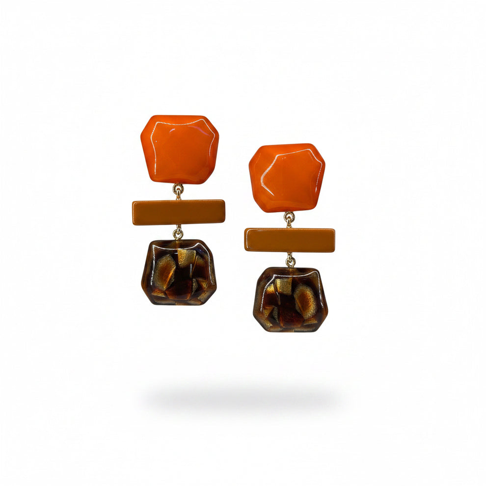 Pendientes resina italiana naranja y marrón marmolado