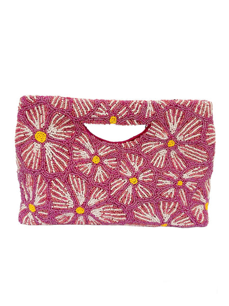 Bolso de mano  bordado  flores base fucsia