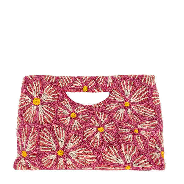 Bolso de mano  bordado  flores base fucsia