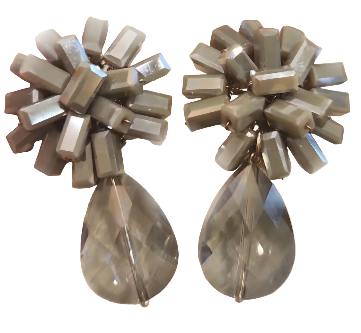 Pendientes gota de cristal y cabezal floral en cristal facetado  gris claro