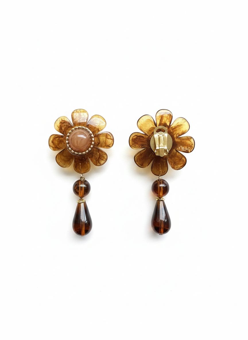 Pendientes flor de resina ámbar con lágrima colgante – Hechos en Francia