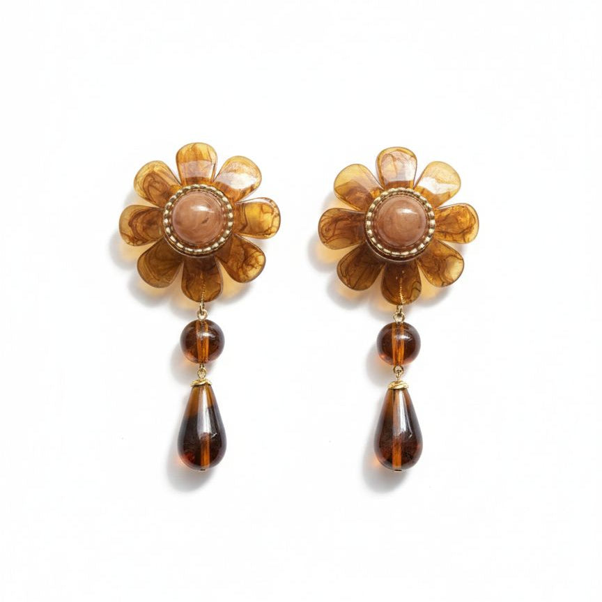 Pendientes flor de resina ámbar con lágrima colgante – Hechos en Francia