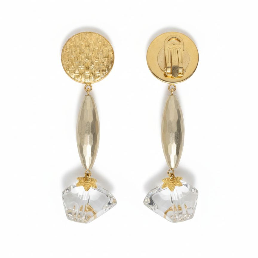 Pendientes largos dorados con resina transparente y clip | Diseño francés elegante