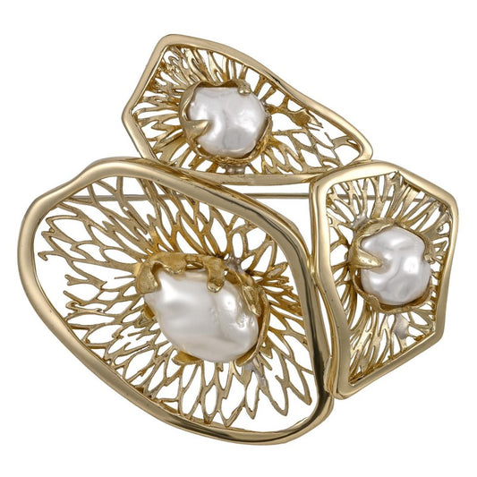 Broche artesanal de latón dorado y perlas barrocas