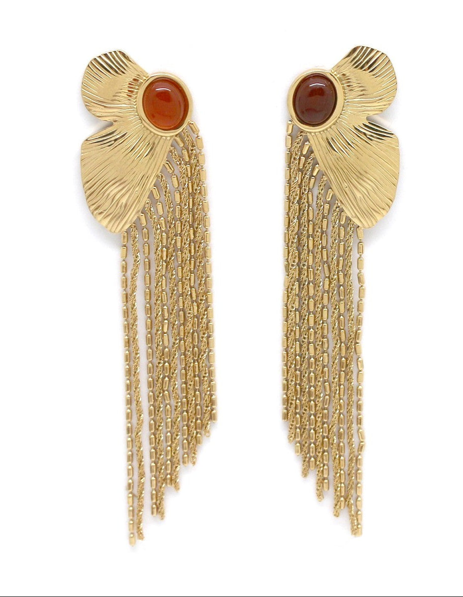 Pendientes dorados con turmalina color ámbar y flecos