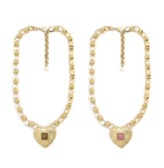 Collar eslabones grandes y corazón de piedra natural