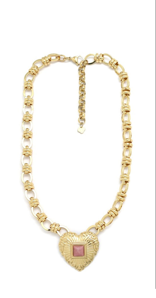 Collar eslabones grandes y corazón de piedra natural