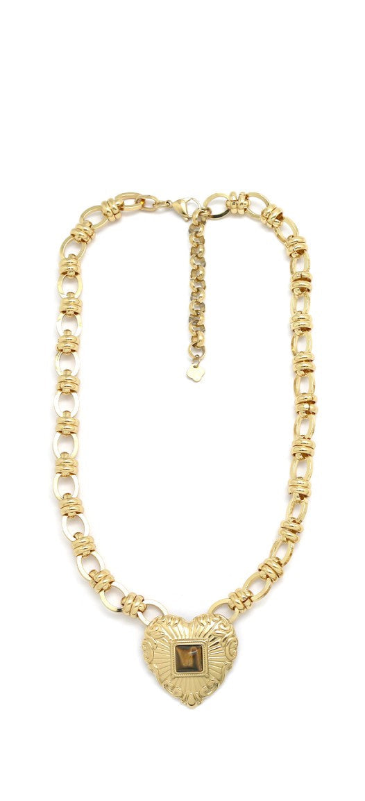 Collar eslabones grandes y corazón de piedra natural