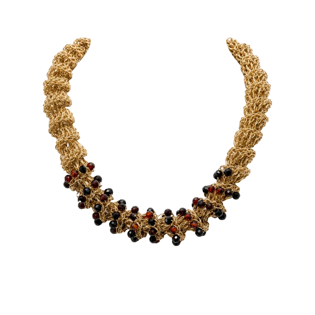 Collar  Tejido en crochet de cobre bañado en oro con circonitas color café