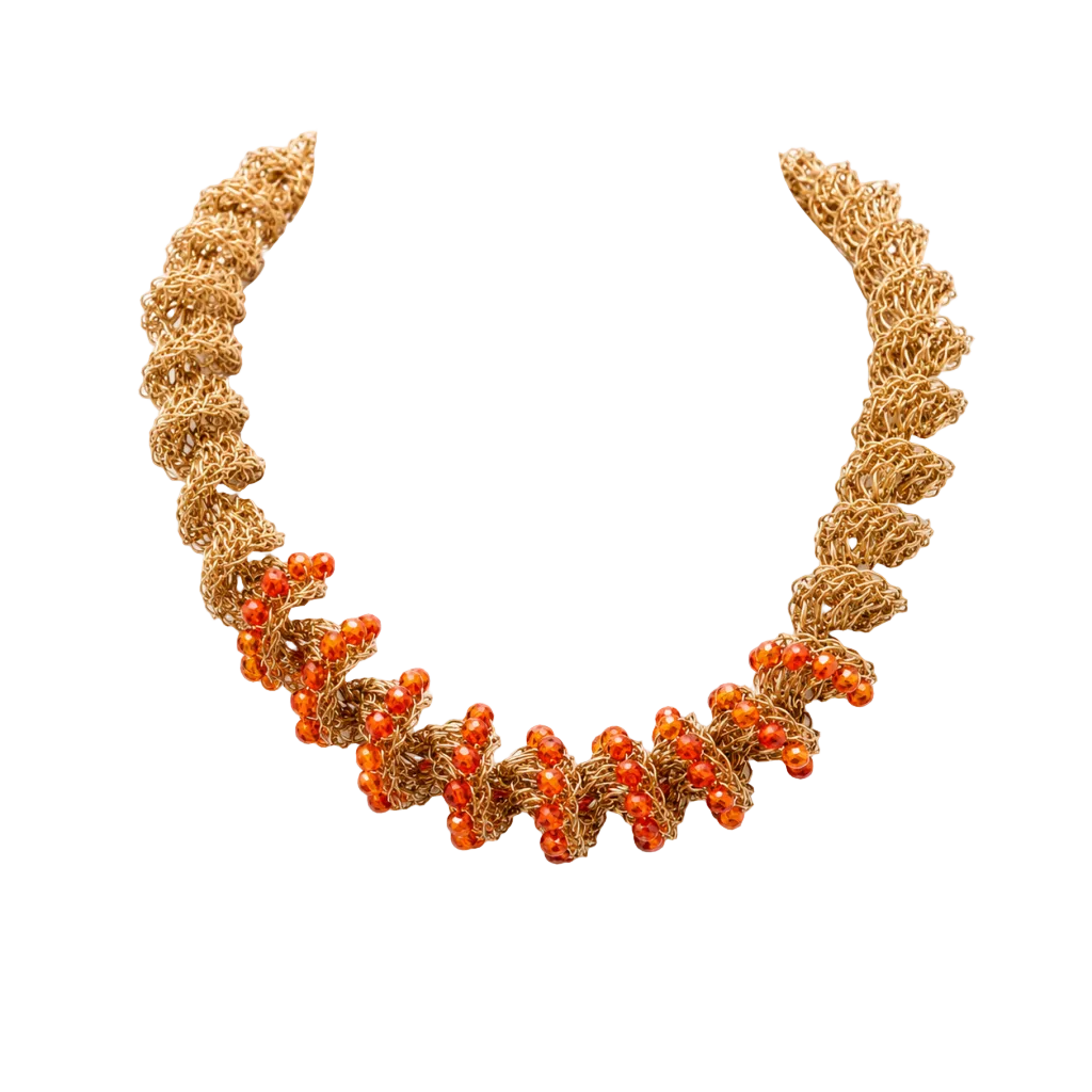 Collar  Tejido en crochet de cobre bañado en oro con circonitas ámbar
