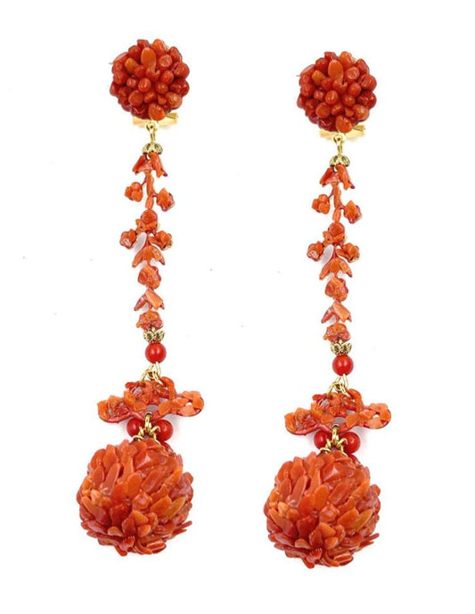 Pendientes largos de coral natural y esmalte – Alta bisutería española