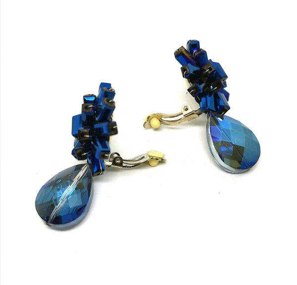 Pendientes gota de cristal y cabezal floral en cristal facetado azulón metalizado