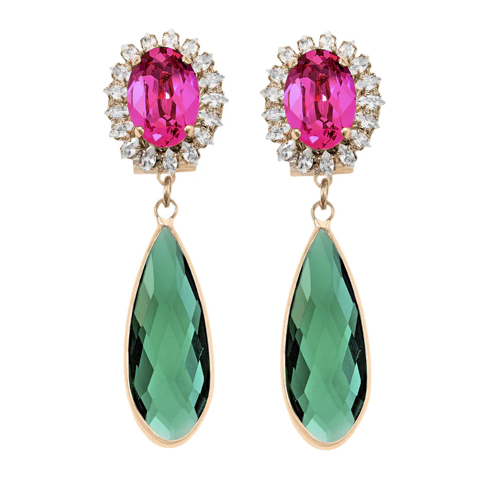 Pendientes joya lágrima facetada verde y cabezal fucsia A.H.