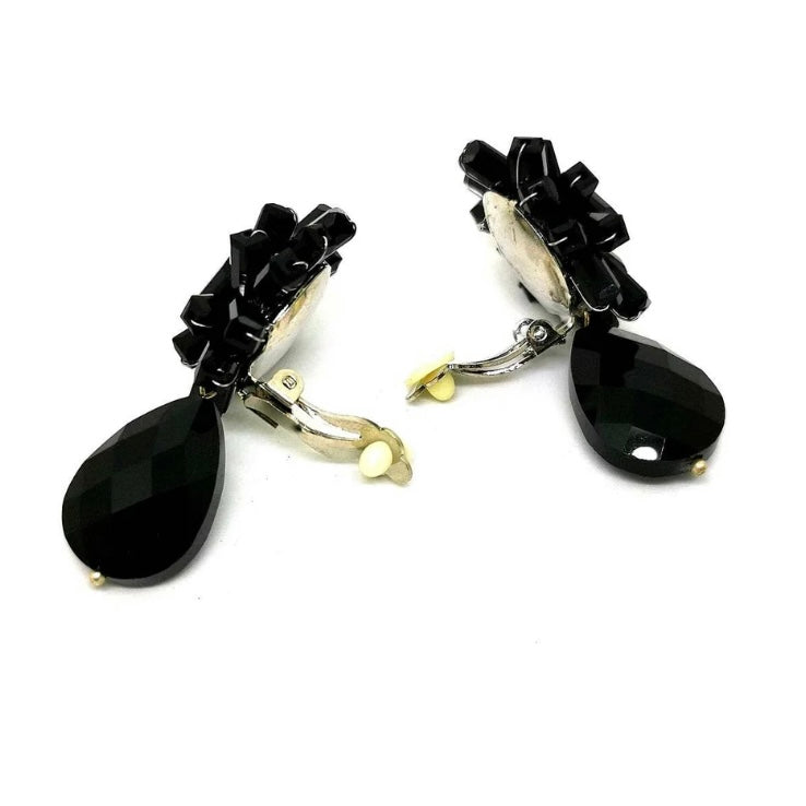 Pendientes gota de cristal y cabezal floral en cristal facetado negro
