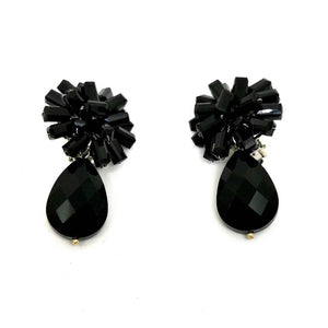 Pendientes gota de cristal y cabezal floral en cristal facetado negro
